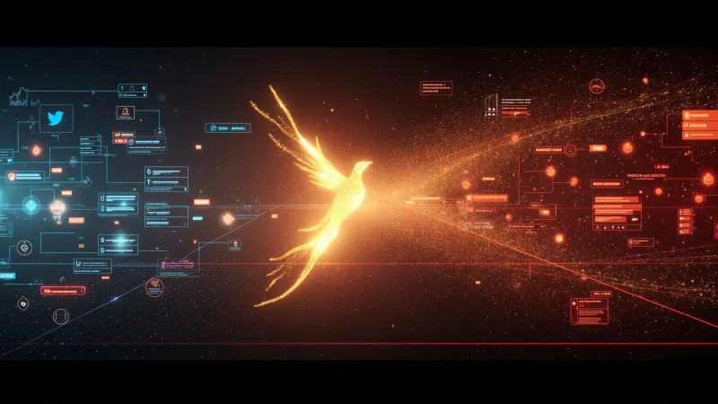 Panoramic visualization of digital reputation crisis landscape showing interconnected social media nodes, search result panels, and news feeds with PHOENIX-1 transformation overlay