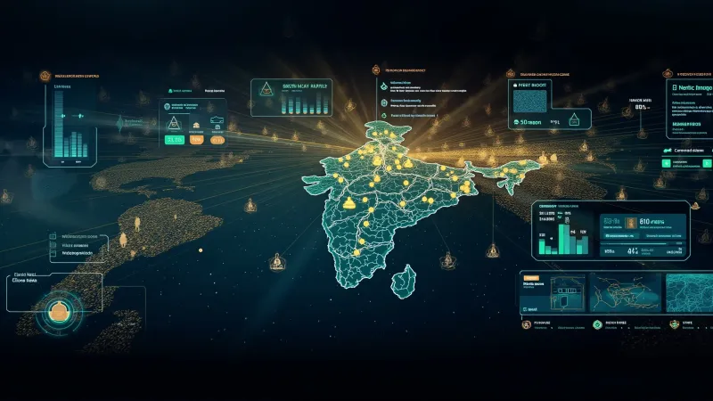 stylized map visualization with booth-level data layers, voting pattern heat maps, and intelligence aggregation hierarchy from booth to constituency to district to state to nation