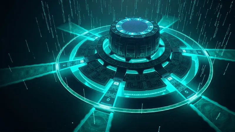 dark, authoritative visualization of a multi-layered security fortress with concentric defense rings and encrypted data streams flowing through quantum-resistant tunnels