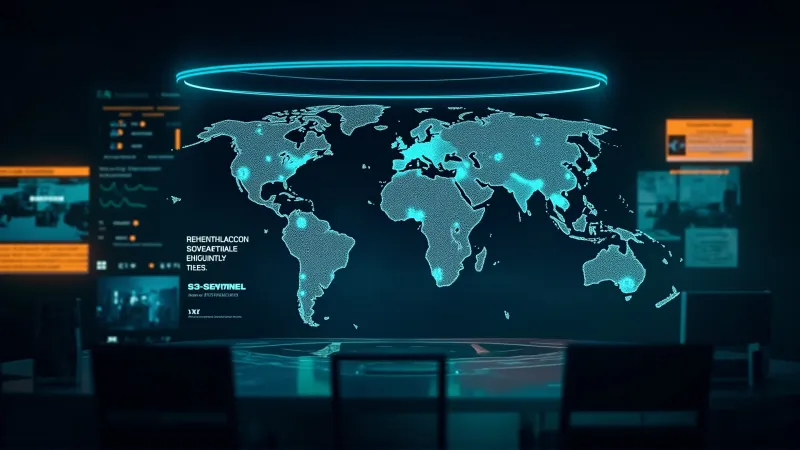 Political operations center with encrypted communication interfaces, world map showing global operations across 18 countries, and privacy infrastructure visualization