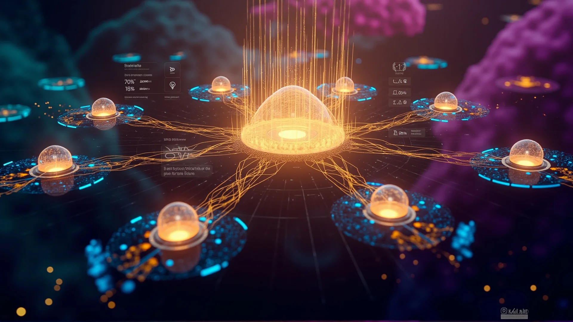 Abstract visualization of a central neural node connecting to 8 satellite nodes, representing the orchestration architecture